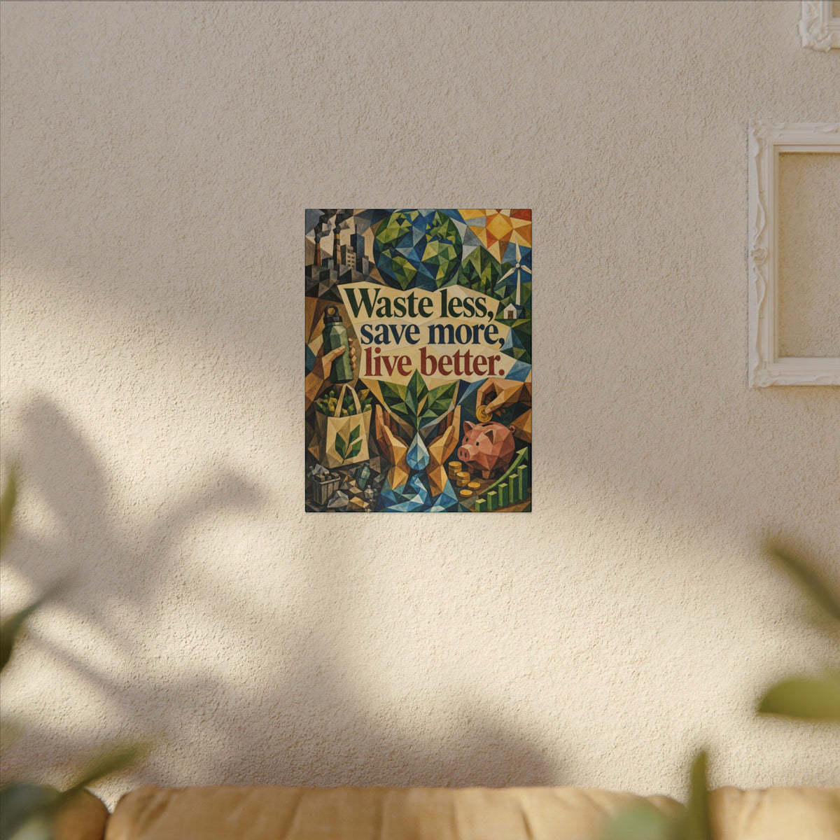 "WASTE LESS SAVE MORE, LIVE BETTTER." (Cubist art style). Earthsmart,  Eco-Friendly Inspirational Wall Art