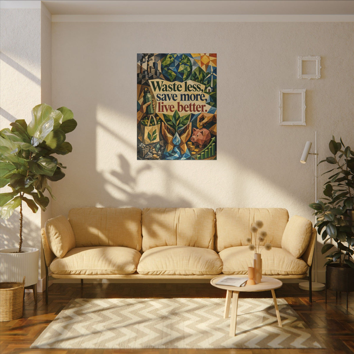 "WASTE LESS SAVE MORE, LIVE BETTTER." (Cubist art style). Earthsmart,  Eco-Friendly Inspirational Wall Art