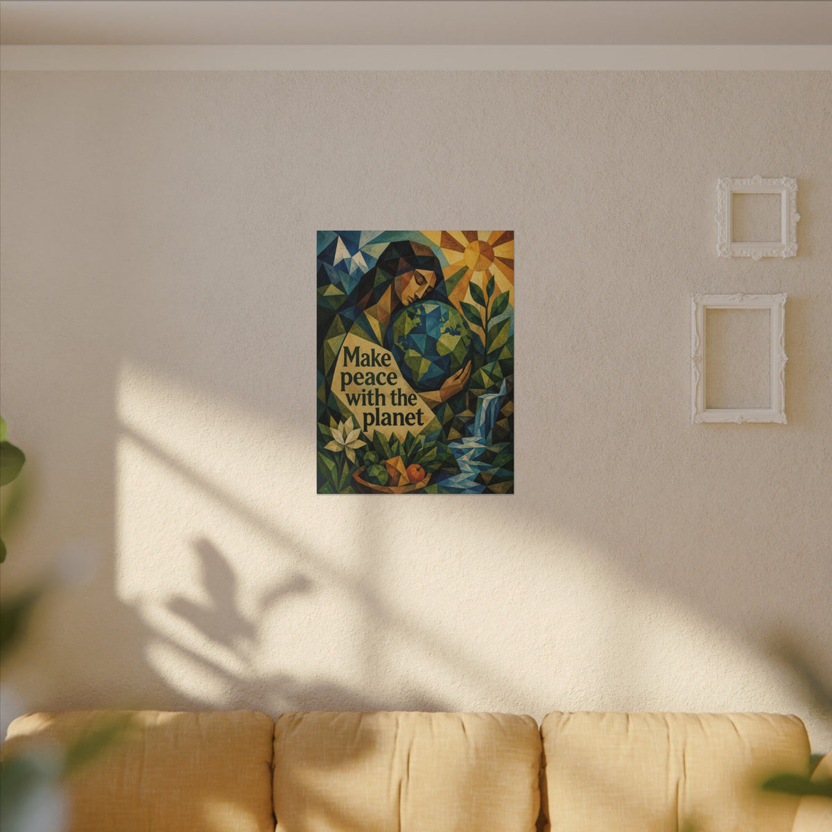 "MAKE PEACE WITH THE PLANET" (Cubist art style). Earthsmart Eco Canvas Wall Art (Matte Stretched Print).