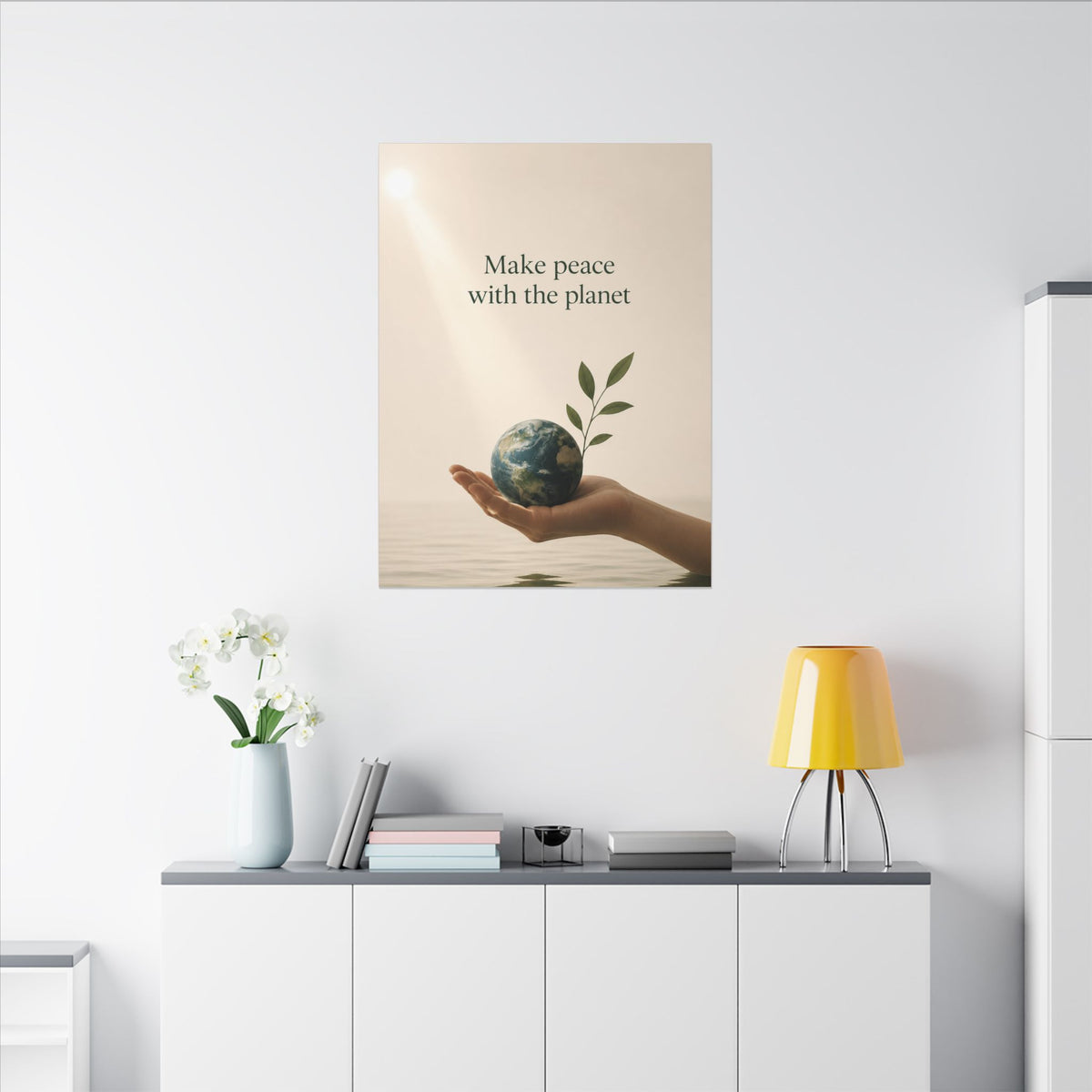 "MAKE PEACE WITH THE PLANET" (Minimalist art style). Earthsmart Eco Canvas Wall Art (Matte Stretched Print).