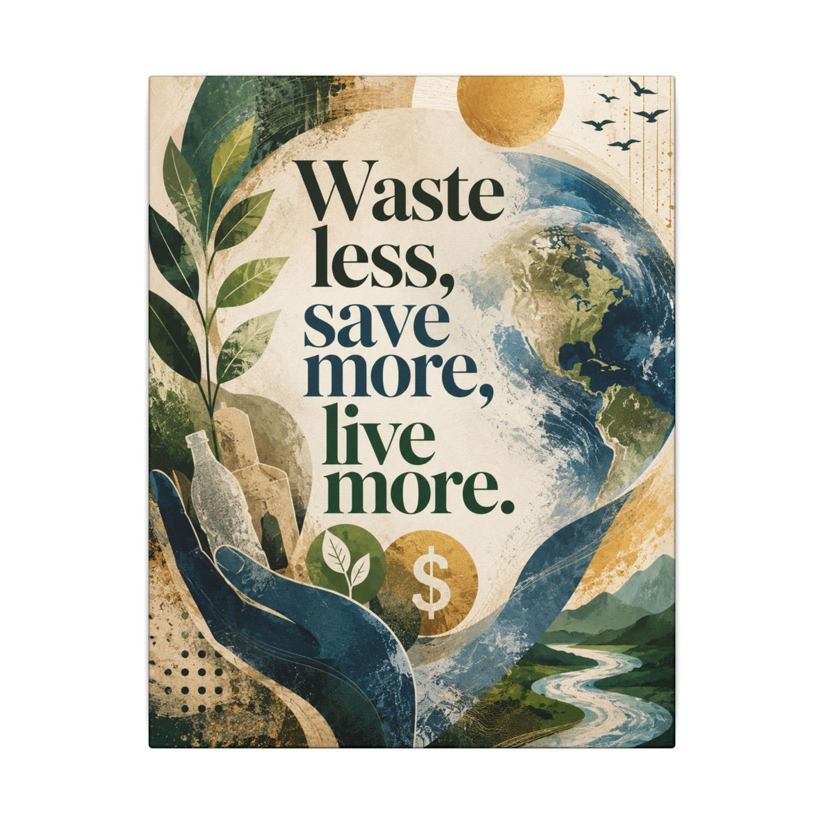 "WASTE LESS, SAVE MORE, LIVE MORE.”(abstract art style).  Earthsmart Eco Motivational Print
