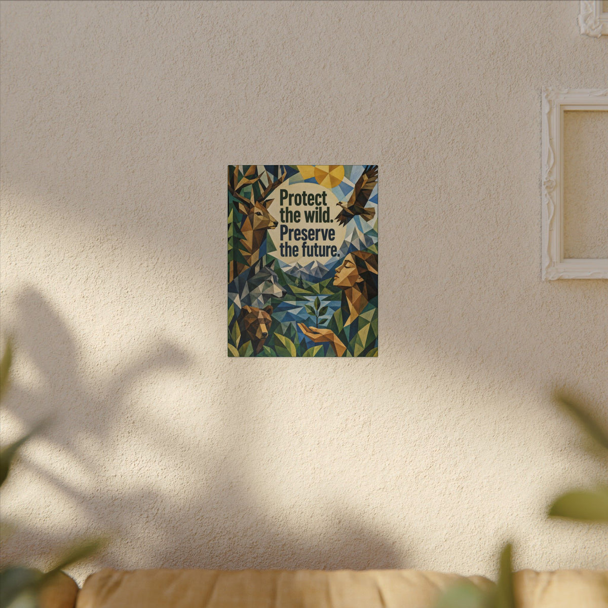 "PROTECT THE WILD PRESERVE THE FUTURE" (Cubist art style). Earthsmart Eco Canvas Wall Art (Matte Stretched Print).
