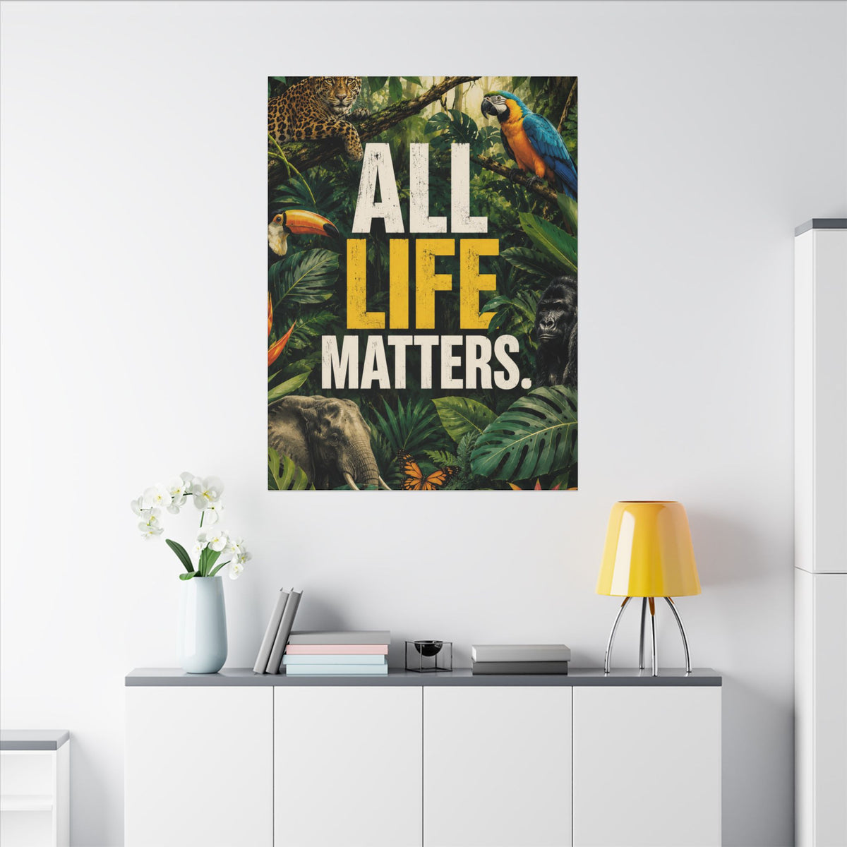 "ALL LIFE MATTERS" (Realist art style)  — Earthsmart Canvas Wall Art. Jungle Wildlife (Matte Stretched Canvas).