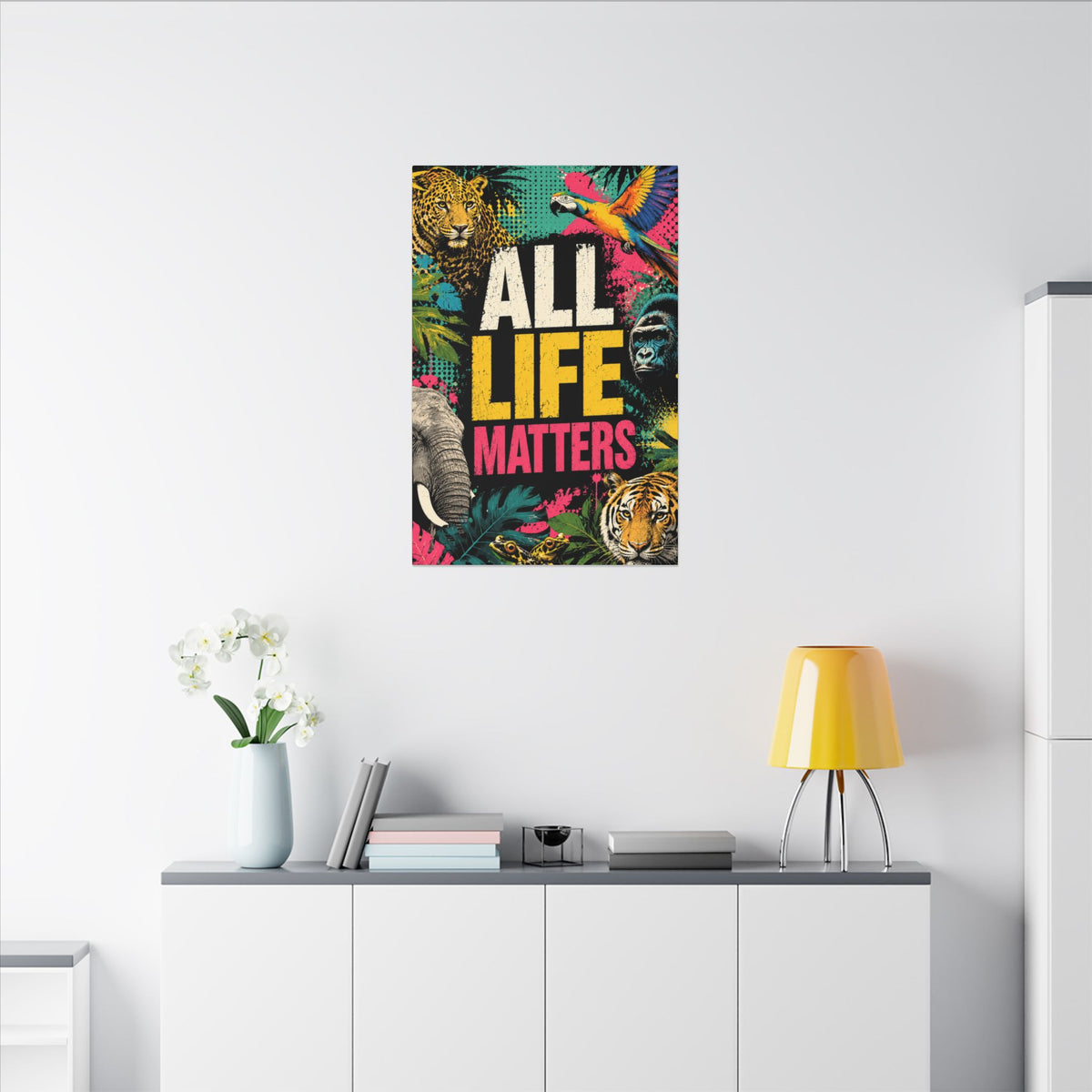 "ALL LIFE MATTERS" (Pop culture art style) - Earthsmart Canvas Wall Art. Jungle Wildlife. (Matte Stretched Print).