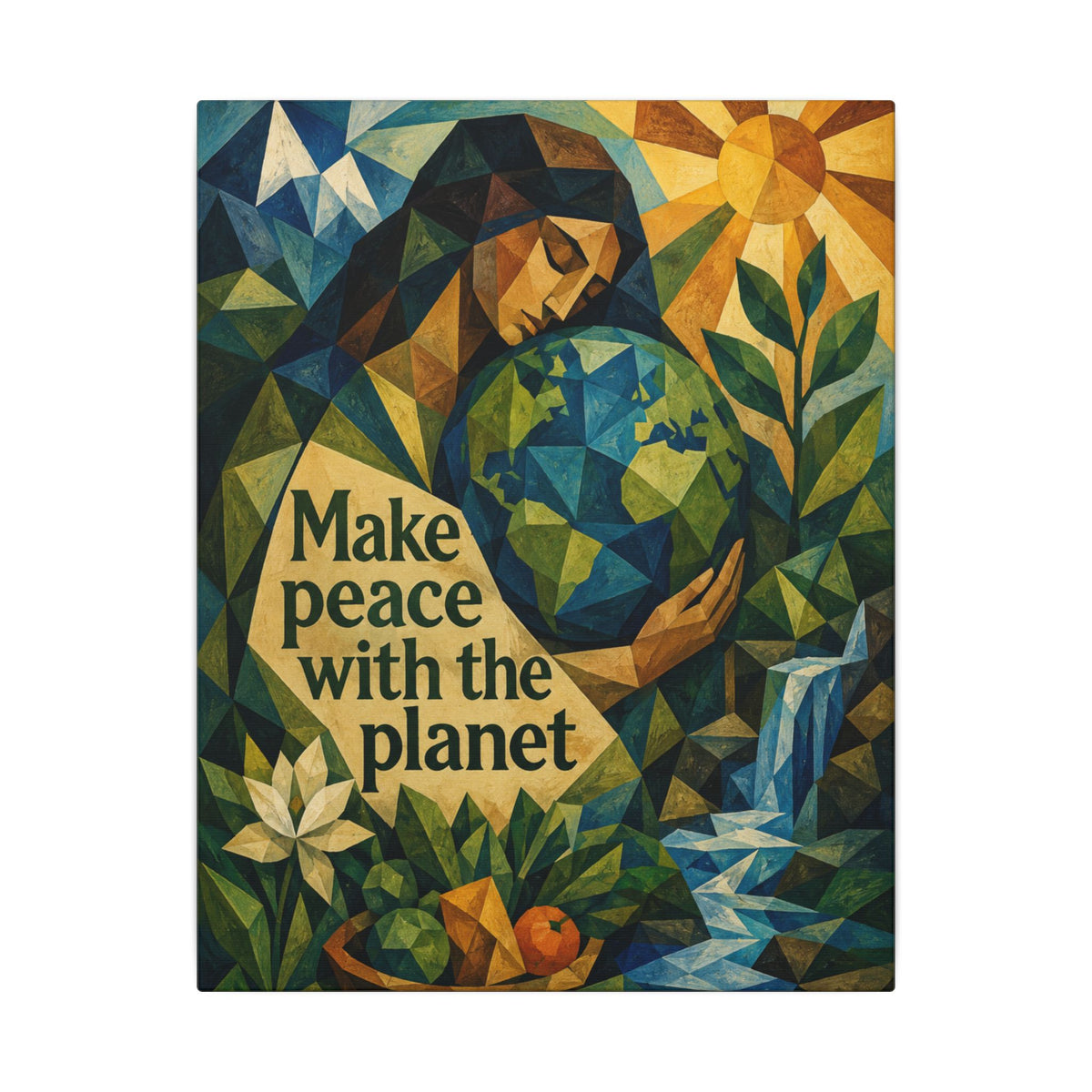 "MAKE PEACE WITH THE PLANET" (Cubist art style). Earthsmart Eco Canvas Wall Art (Matte Stretched Print).