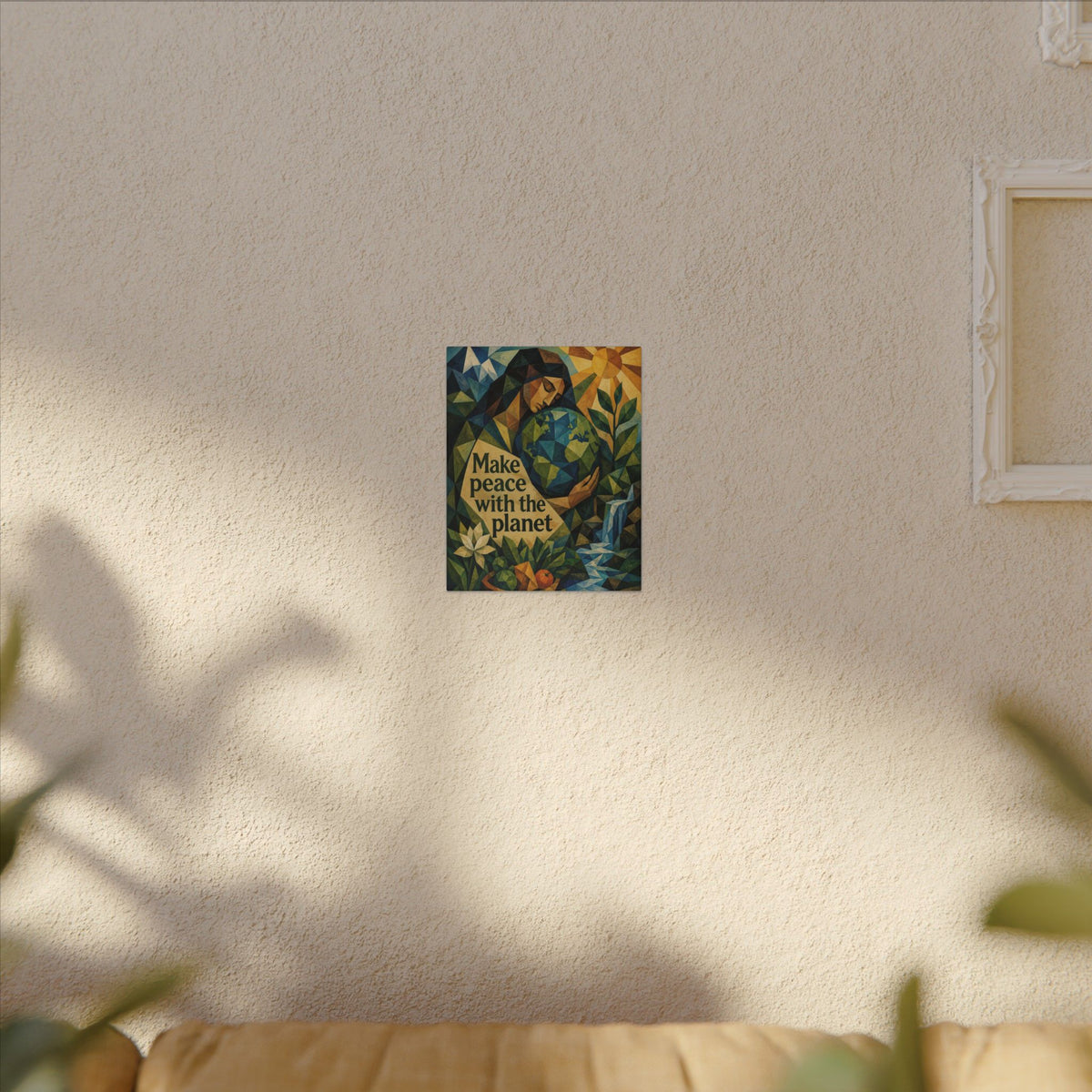 "MAKE PEACE WITH THE PLANET" (Cubist art style). Earthsmart Eco Canvas Wall Art (Matte Stretched Print).