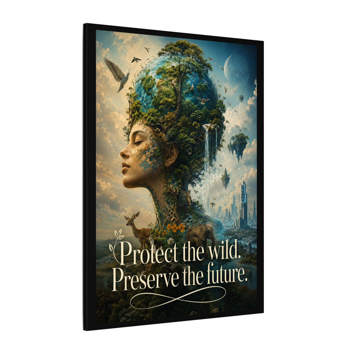 "PROTECT THE WILD PRESERVE THE FUTURE" (Surrealist art style). Earthsmart Eco Canvas Wall Art (Matte Stretched Print).