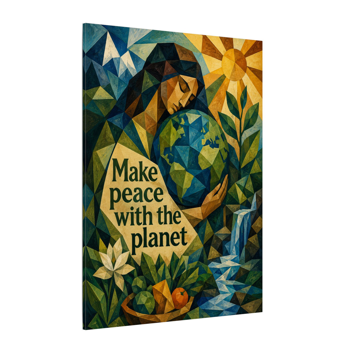"MAKE PEACE WITH THE PLANET" (Cubist art style). Earthsmart Eco Canvas Wall Art (Matte Stretched Print).