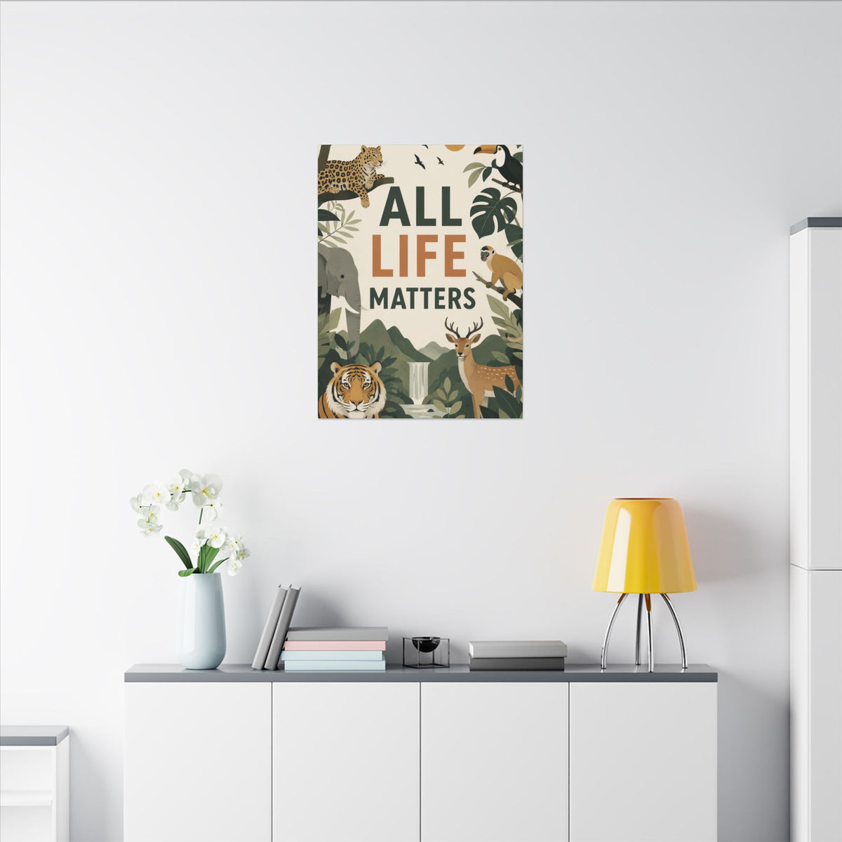 "ALL LIFE MATTERS" (modern art style) - Earthsmart Canvas Wall Art. Jungle Wildlife. (Matte Stretched Print).