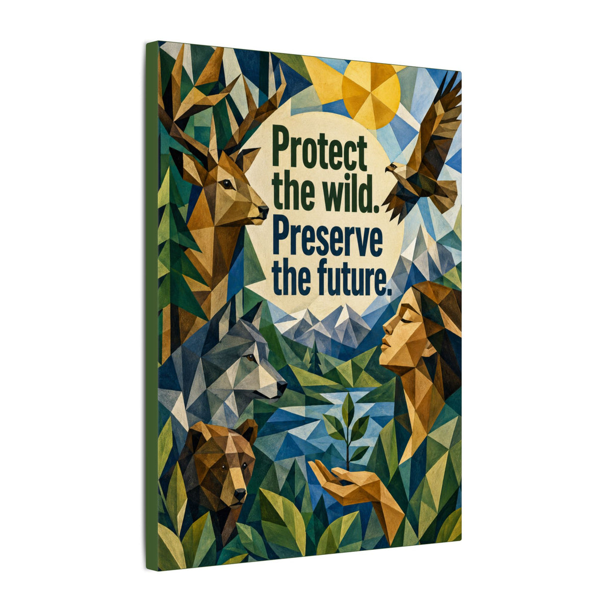"PROTECT THE WILD PRESERVE THE FUTURE" (Cubist art style). Earthsmart Eco Canvas Wall Art (Matte Stretched Print).
