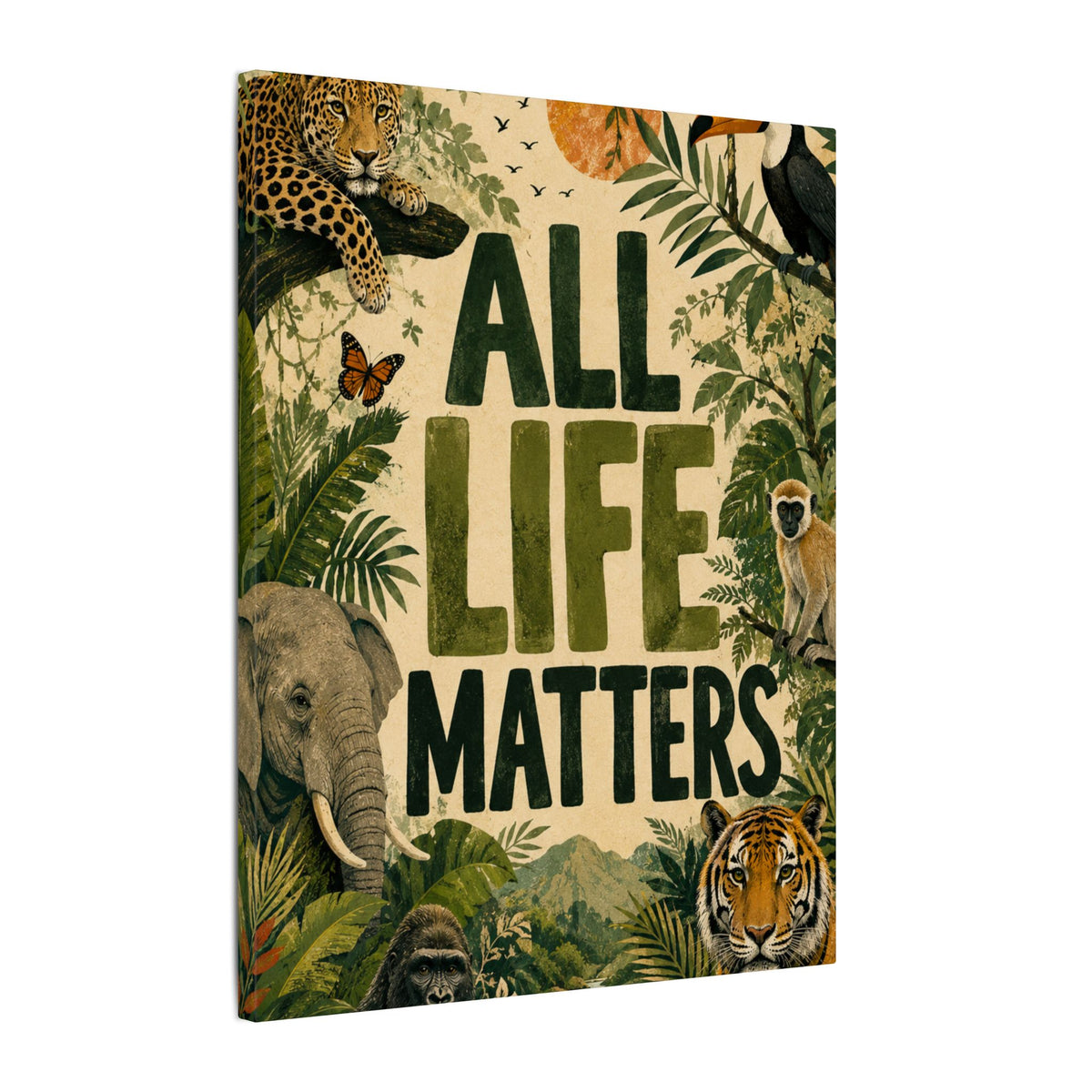 "ALL LIFE MATTERS" (Organic art style) Earthsmart Canvas Wall Art — Jungle Wildlife. (Matte Stretched Print)