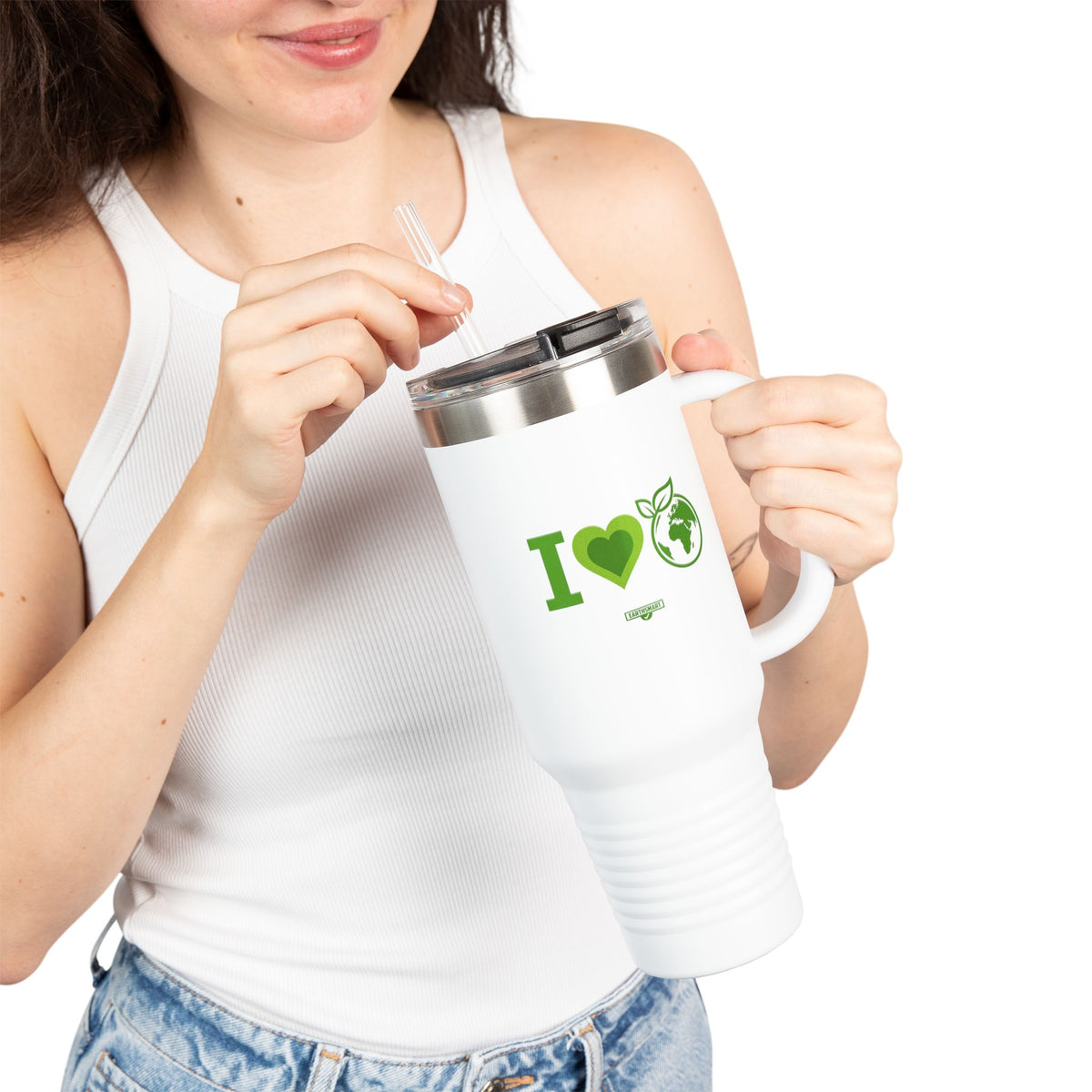 EARTHSMART ECO TUMBLER - 'I LOVE EARTH' version -  100% stainless steel (body), 100% recycled plastic (straw and lid).(1.8L - 40OZ)