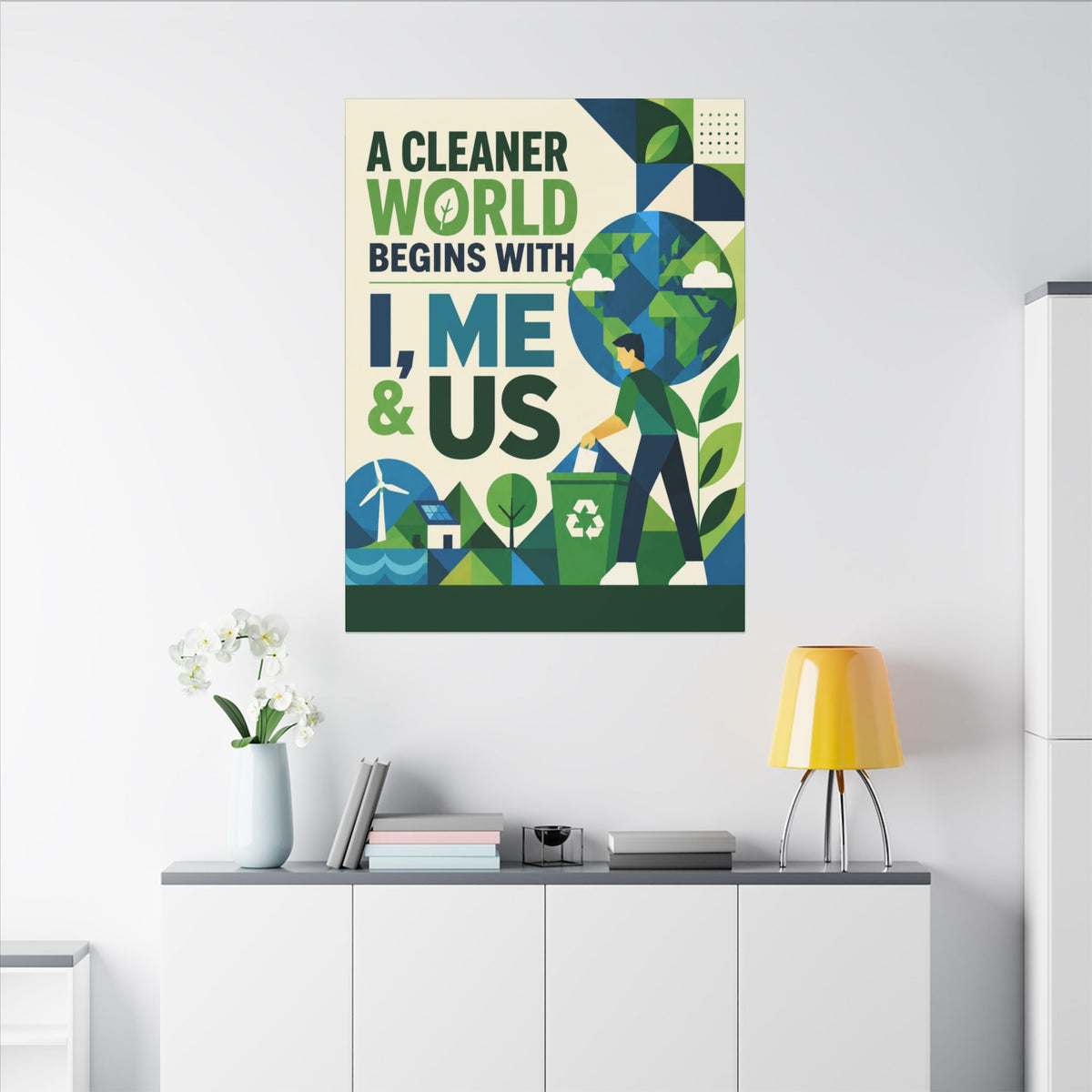 "A CLEANER WORLD BEGINS WITH I, ME & US (Geometric art style). Earthsmart Canvas Wall Art. ( Matte Stretched Print).