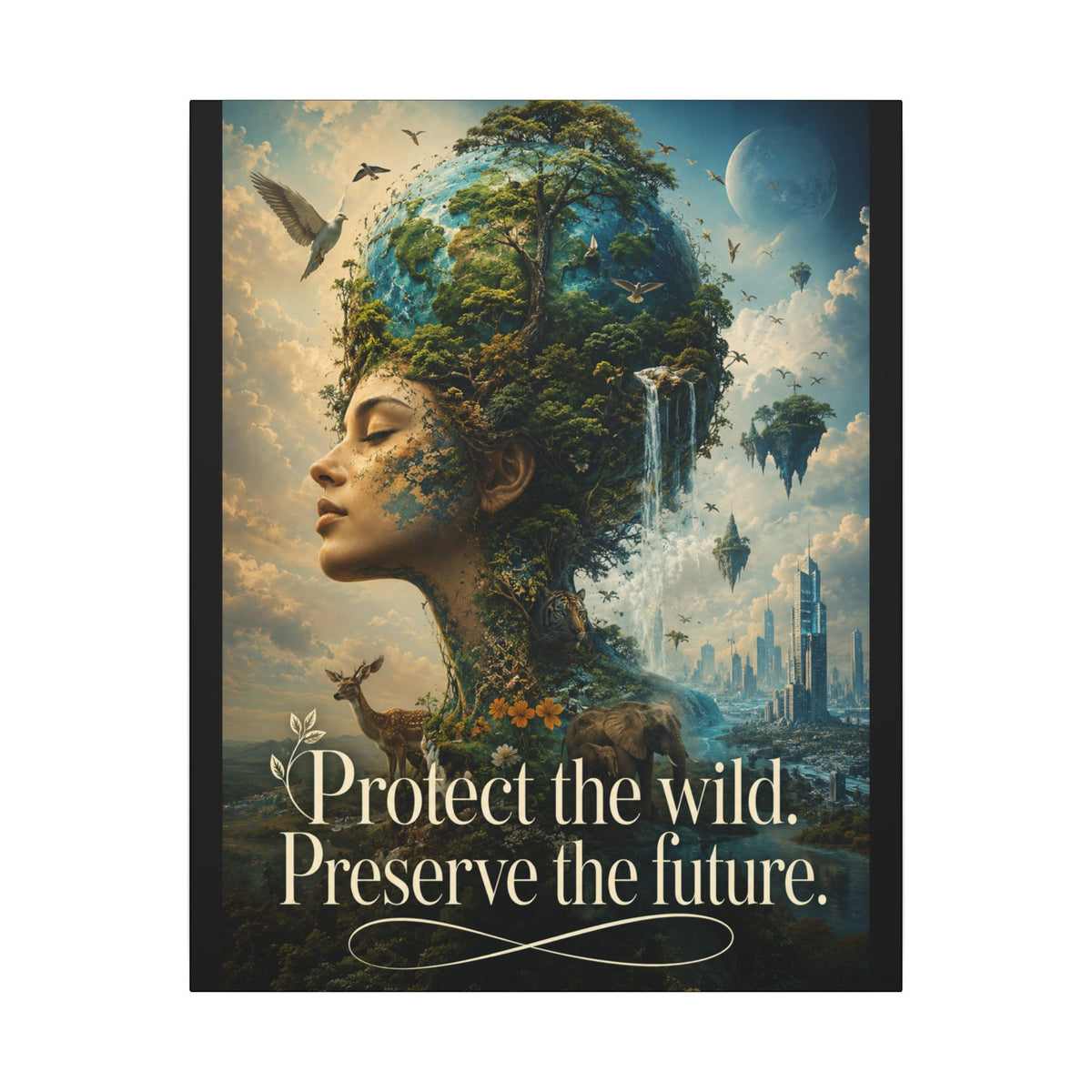 "PROTECT THE WILD PRESERVE THE FUTURE" (Surrealist art style). Earthsmart Eco Canvas Wall Art (Matte Stretched Print).