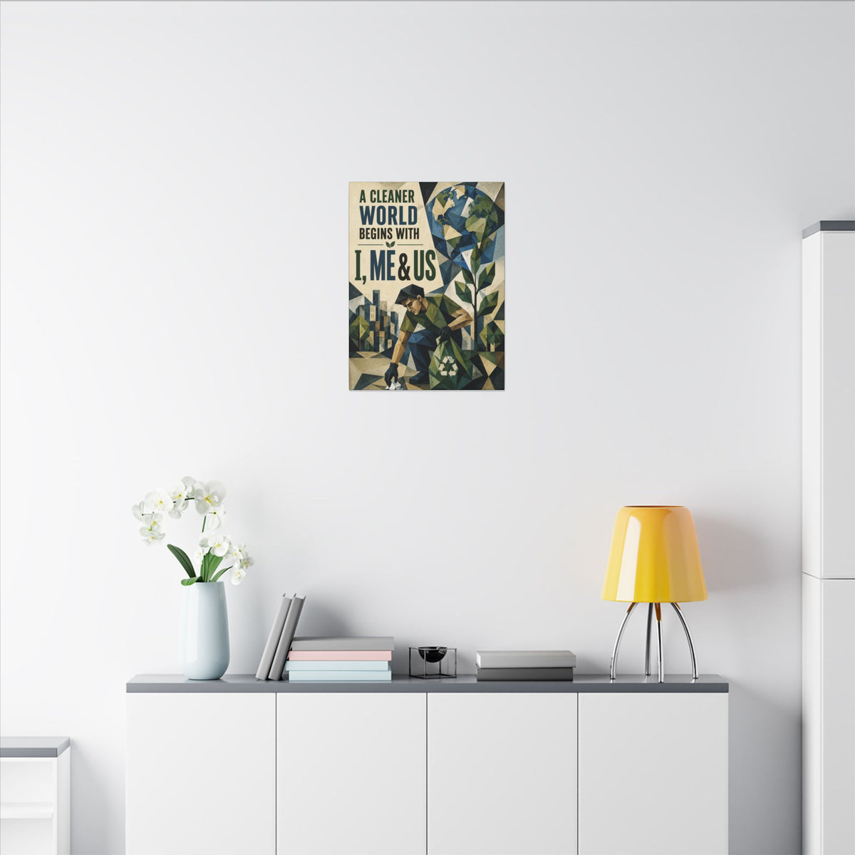 "A CLEANER WORLD BEGINS WITH I, ME & US (Cubist art style). Earthsmart Canvas Wall Art. ( Matte Stretched Print).