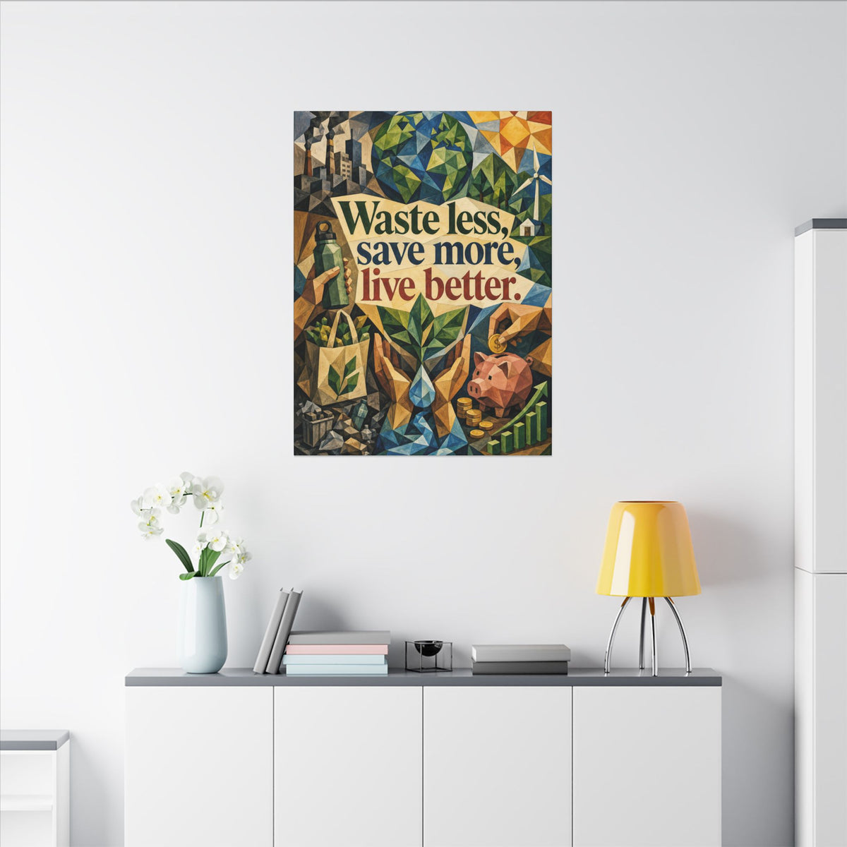 "WASTE LESS SAVE MORE, LIVE BETTTER." (Cubist art style). Earthsmart,  Eco-Friendly Inspirational Wall Art