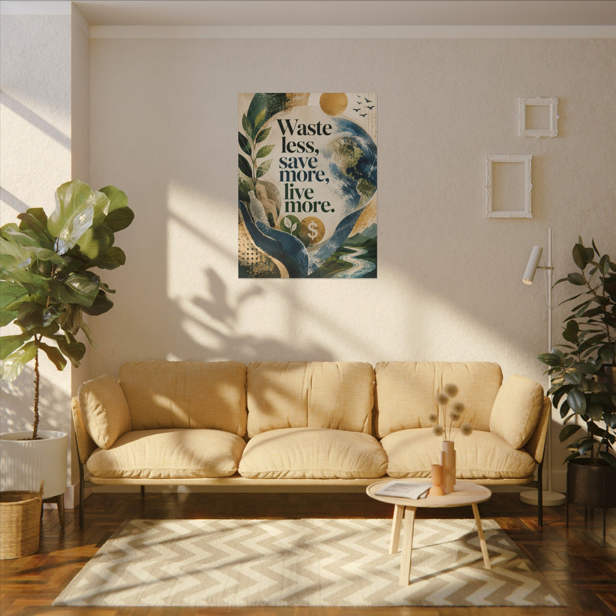 "WASTE LESS, SAVE MORE, LIVE MORE.”(abstract art style).  Earthsmart Eco Motivational Print