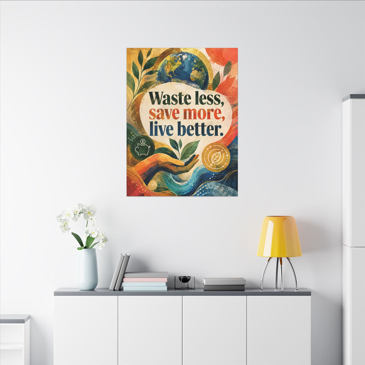 "WASTE LESS, SAVE MORE, LIVE BETTER". – Inspirational Eco Canvas
