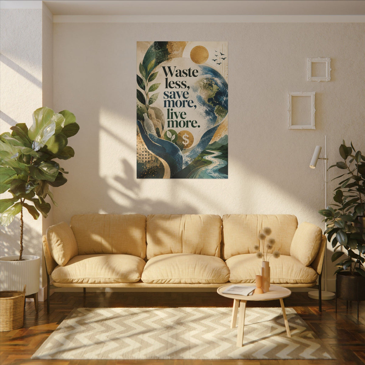 "WASTE LESS, SAVE MORE, LIVE MORE.”(abstract art style).  Earthsmart Eco Motivational Print