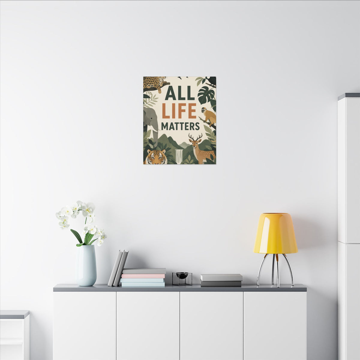 "ALL LIFE MATTERS" (modern art style) - Earthsmart Canvas Wall Art. Jungle Wildlife. (Matte Stretched Print).