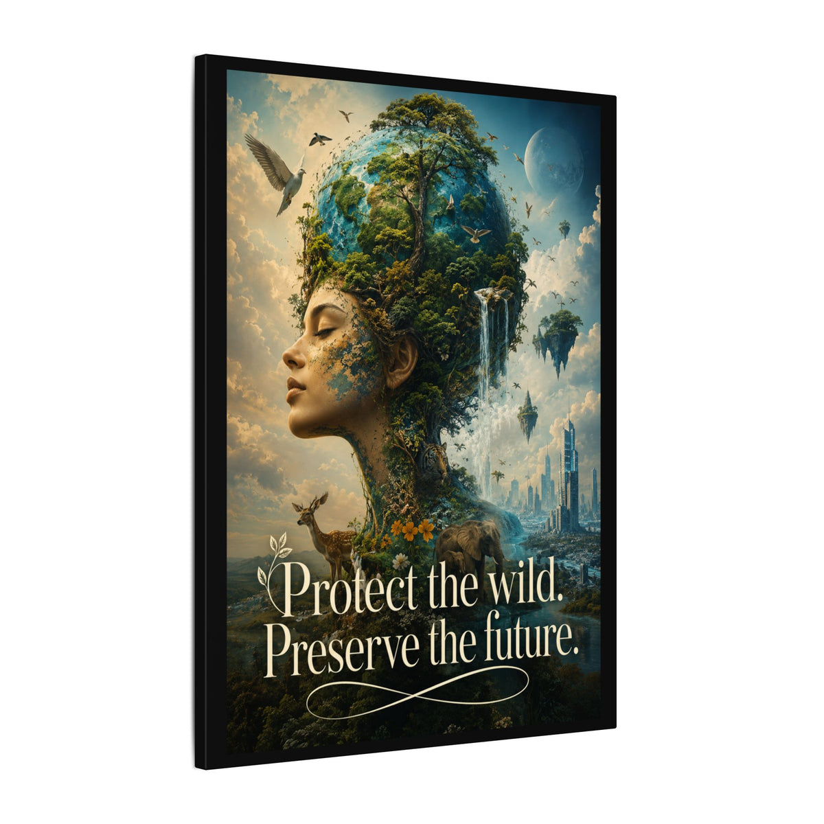 "PROTECT THE WILD PRESERVE THE FUTURE" (Surrealist art style). Earthsmart Eco Canvas Wall Art (Matte Stretched Print).