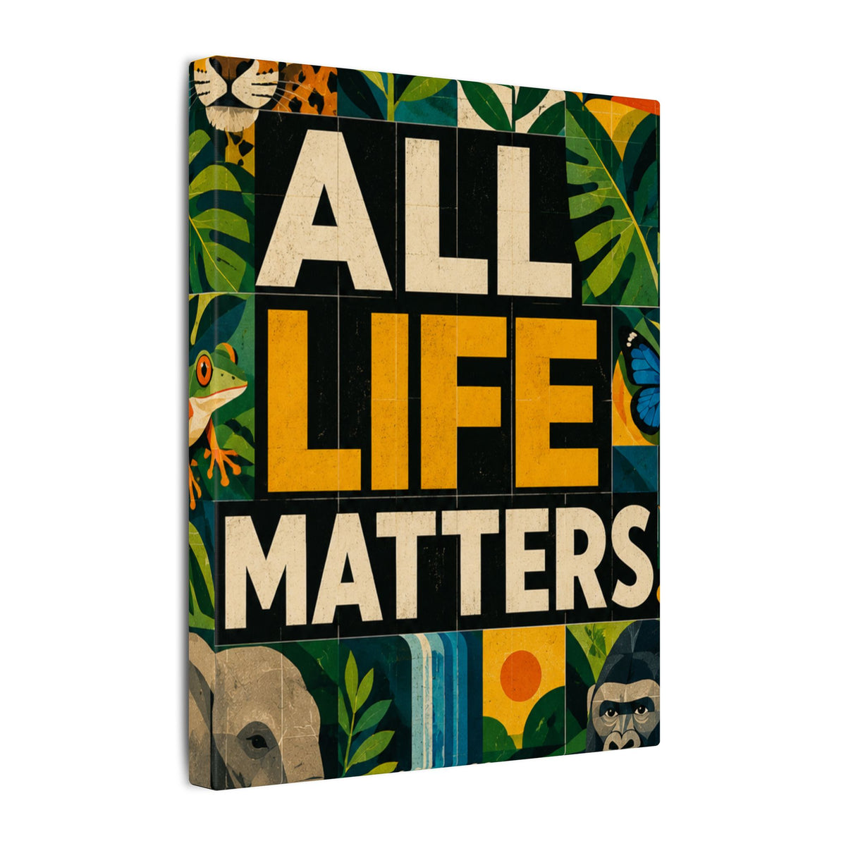 "ALL LIFE MATTERS" (Geometric art style) Earthsmart Canvas Wall Art — Jungle Wildlife. (Matte Stretched Print)