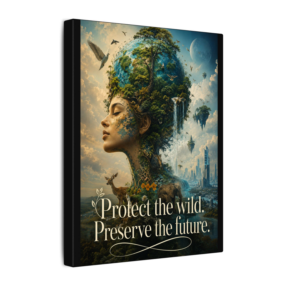 "PROTECT THE WILD PRESERVE THE FUTURE" (Surrealist art style). Earthsmart Eco Canvas Wall Art (Matte Stretched Print).