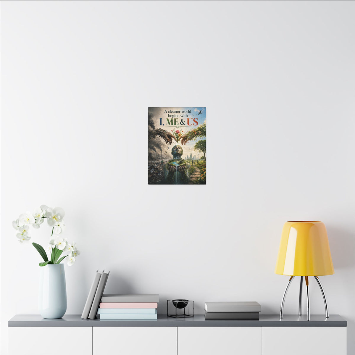 "A CLEANER WORLD BEGINS WITH I, ME & UD" (Surrealist art style). Earthsmart Canvas Wall Art. (Matte Stretched Canvas).