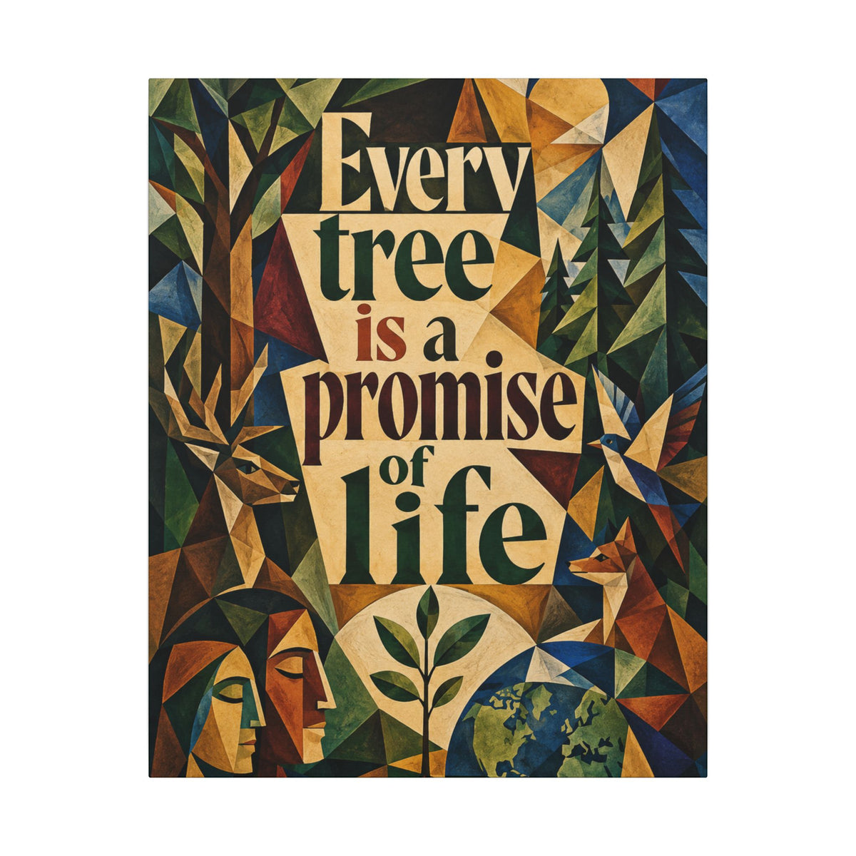 "EVERY TREE IS A PROMISE OF LIFE" (Cubist art style). Earthsmart Eco Canvas Wall Art (Matte Stretched Print).