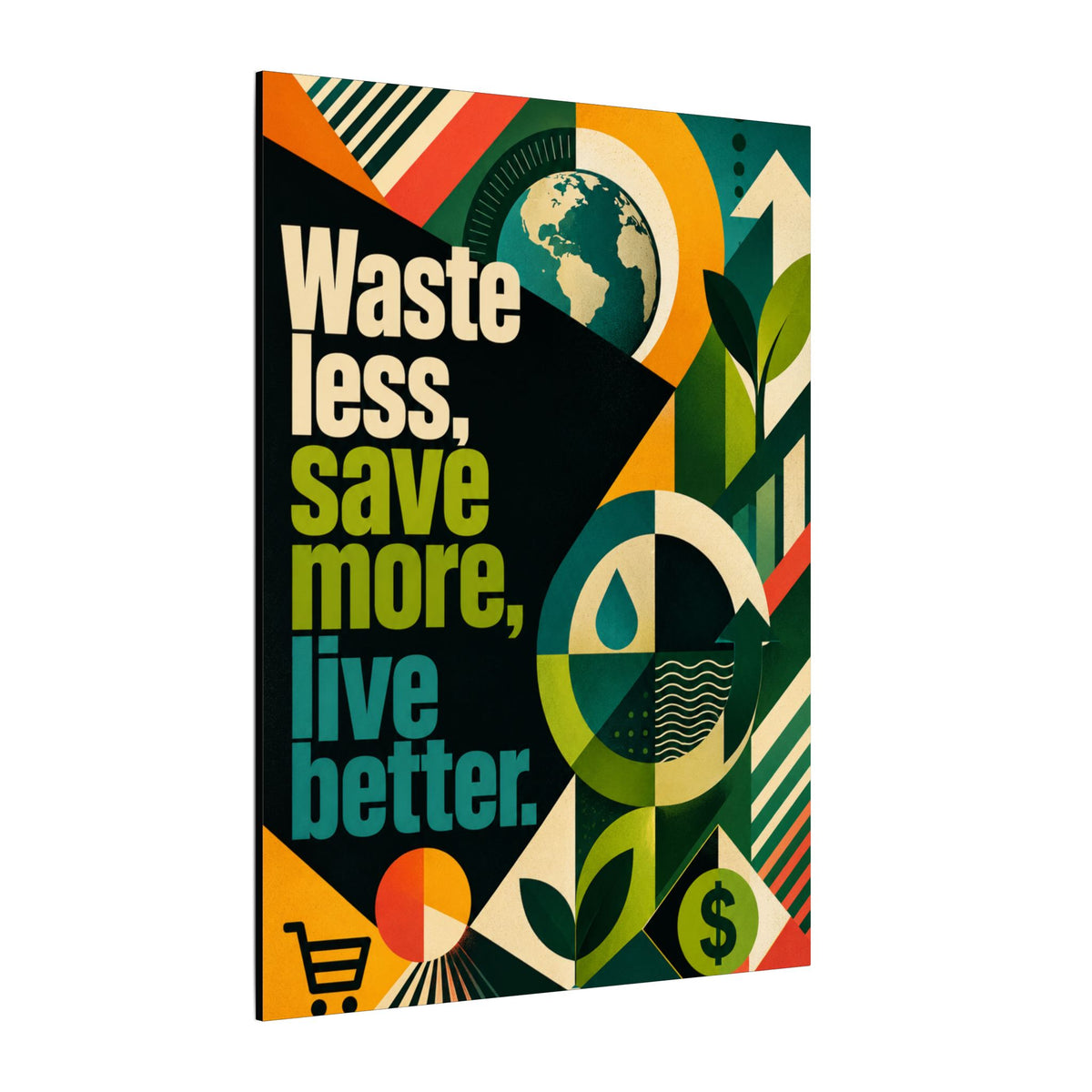 "WASTE LESS, SAVE MORE, LIVE BETTER" (radical geometric art style). Earthsmart Eco Motivational Wall Art.