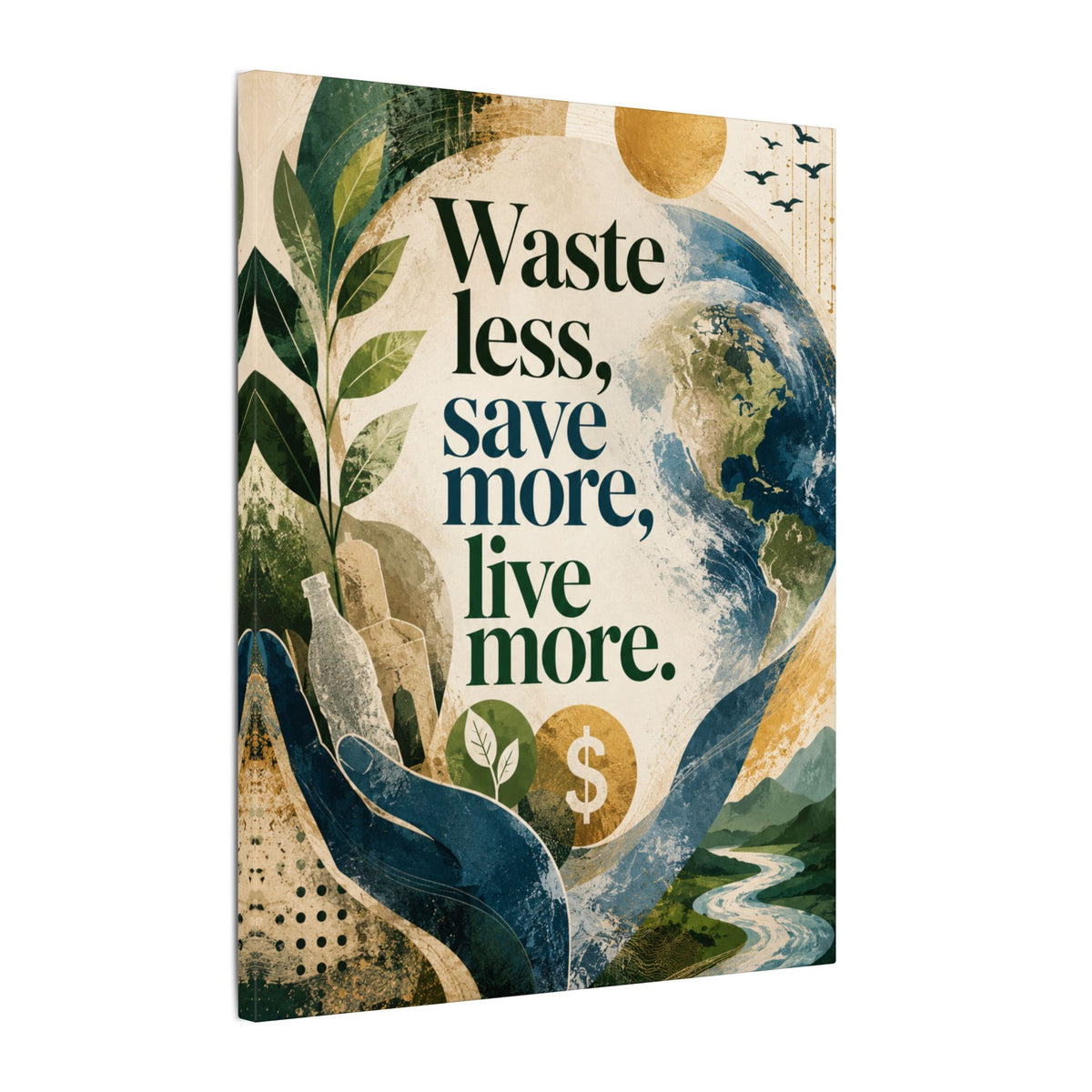 "WASTE LESS, SAVE MORE, LIVE MORE.”(abstract art style).  Earthsmart Eco Motivational Print