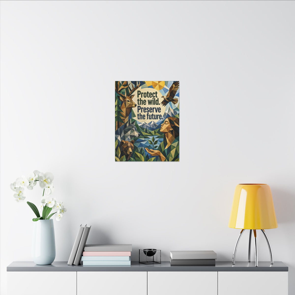 "PROTECT THE WILD PRESERVE THE FUTURE" (Cubist art style). Earthsmart Eco Canvas Wall Art (Matte Stretched Print).