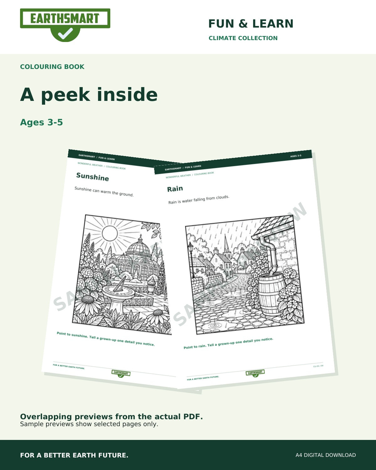 Earthsmart Wonderful Weather Colouring Book: a peek inside, watermarked overlapping samples of the actual PDF