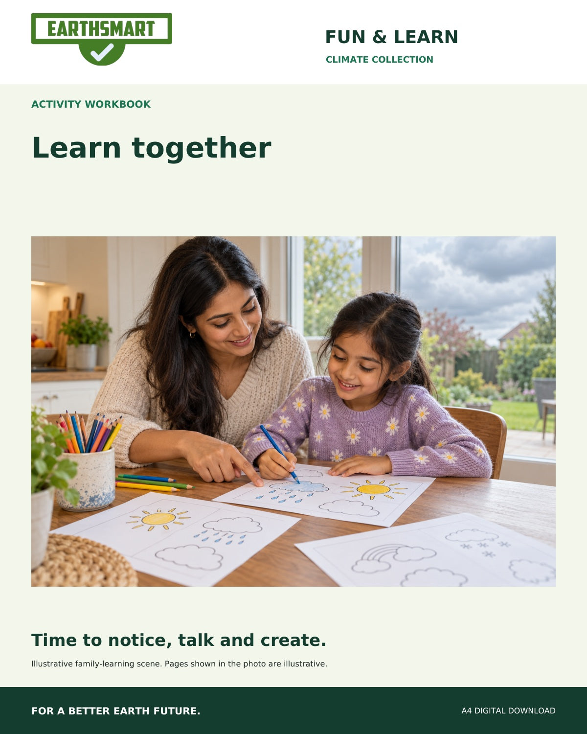 Earthsmart Wonderful Weather Activity Workbook: learn together, illustrative parent and child learning photograph
