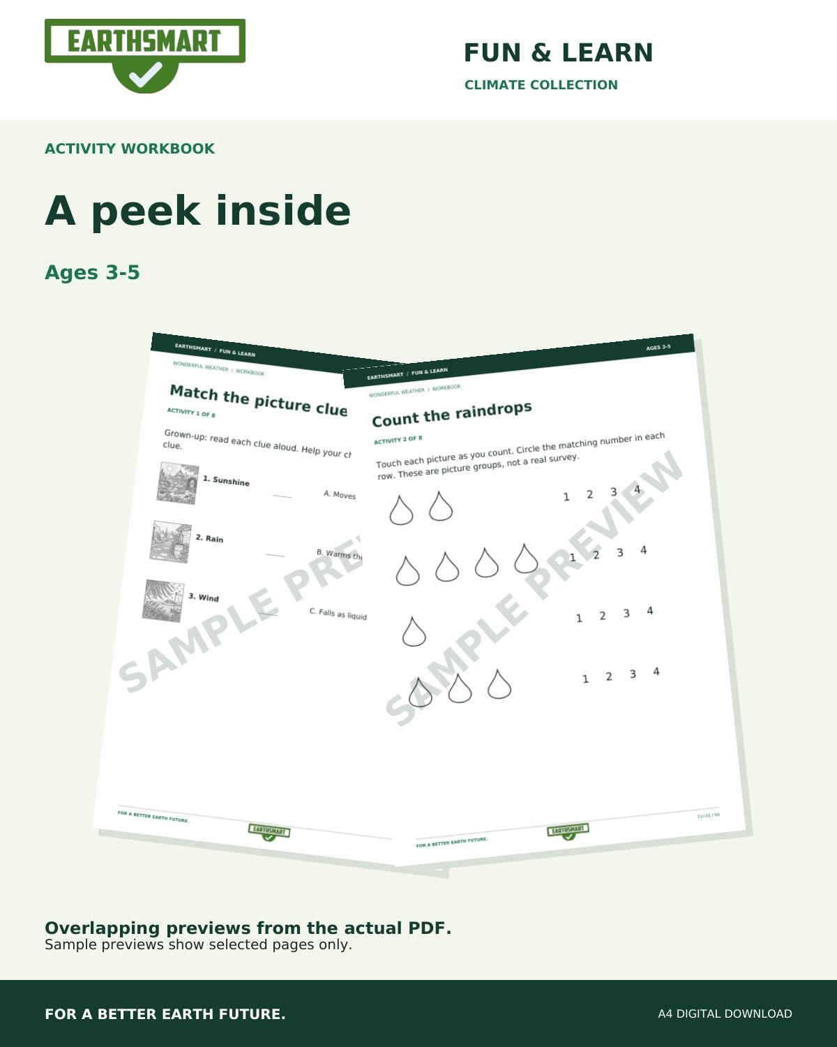Earthsmart Wonderful Weather Activity Workbook: a peek inside, watermarked overlapping samples of the actual PDF