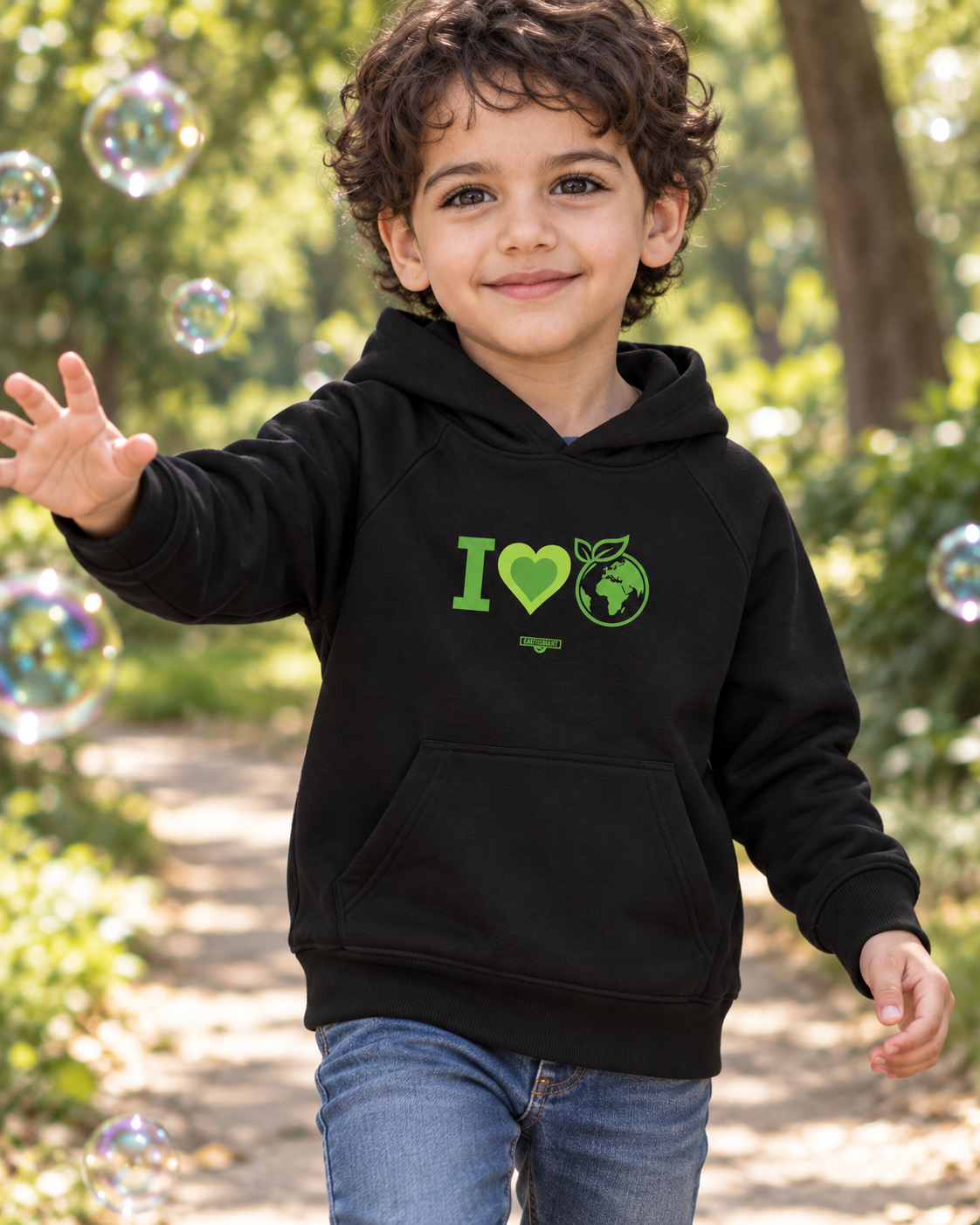 EARTHSMART KIDS HOODIE - I LOVE EARTH - ORGANIC 100% COTTON & RECYCLED POLYESTER. (4 - 12 YEARS).