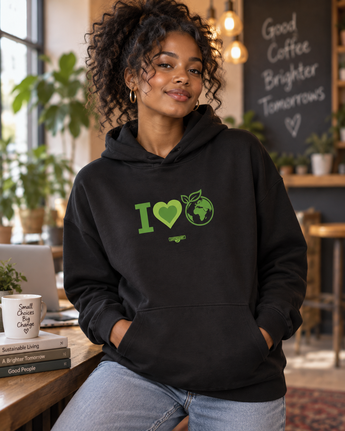 EARTHSMART HOODIE 'I LOVE EARTH' VERSION - made from organic cotton & recycled polyester.