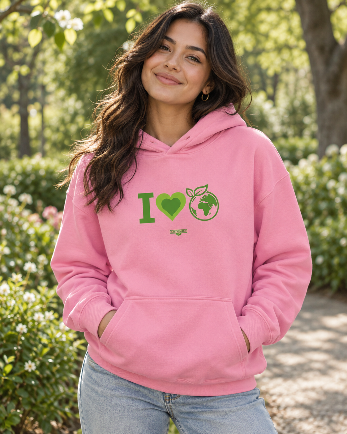 EARTHSMART HOODIE 'I LOVE EARTH' VERSION - made from organic cotton & recycled polyester.