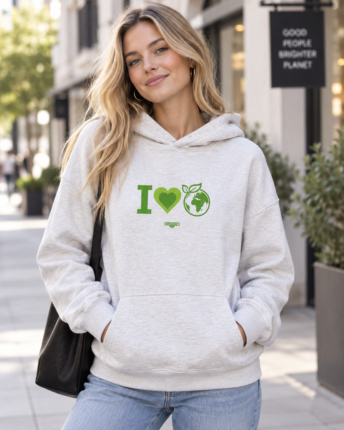 EARTHSMART HOODIE 'I LOVE EARTH' VERSION - made from organic cotton & recycled polyester.